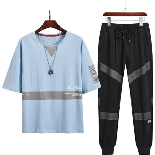 Mens Summer Two Pieces Running Sets loose Tshirt+Breathable Trousers Tracksuit Men Sweat Suit Fashion Patchwork Sportswear