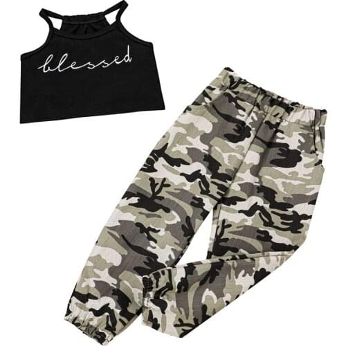 Summer Girl Set Sleeveless Vest + Camo Print Pants Suits Children Kids Clothes Set
