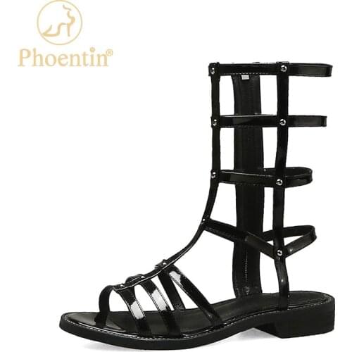 Phoentin Gladiator Roman Sandals Woman Hollow Out Summer mid-calf Boots 2021 casual low Heel Shoes black silver size 44 FT1599
