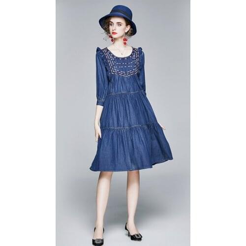 ZUOMAN Women Autumn Vintage Embroidery Denim Dress Festa High Quality Elegant Party Robe Femme Ruffles Designer Blue Vestidos