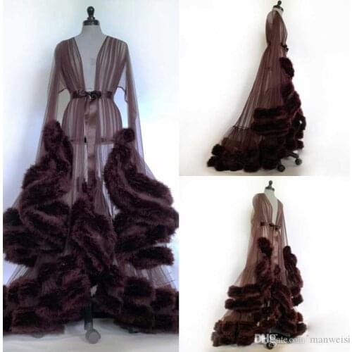 Luxury 2020 Fur Women Robe Long Sleeve Sexy Nightgown Deep V Neck Ruffles Sleepwear Bathrobe Pajamas Prom Bridesmaid Shawel