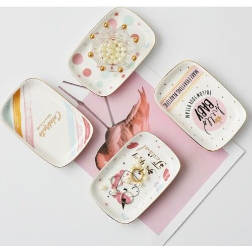 INS Korean-Style Nordic Girl Unicorn Gold Foil Jewelry Dish Sundries Storage Saucer Dessert Cake Snack Plate dinnerware set
