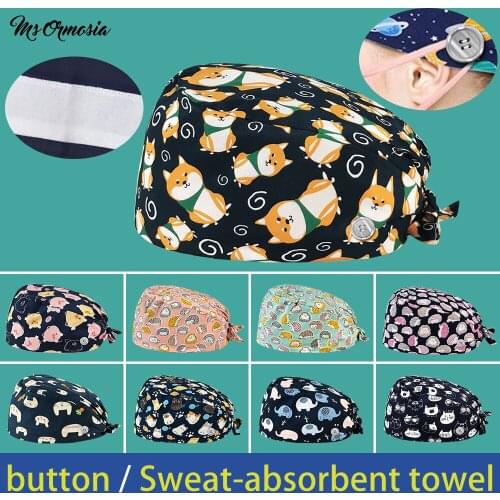 High quality Breathable cotton cute Cartoons printing Scrub hats Laboratory pet shop Buttons scrubs caps wholesale Custom logo