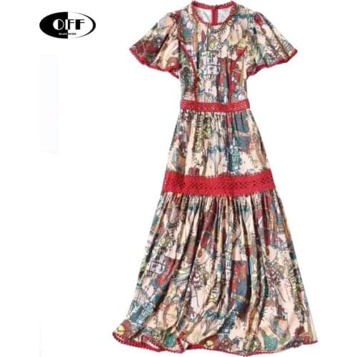 Designer Vintage Aesthetic Printed Midi Long Dress Summer Short Sleeve Lace Up Patchwork Chic Party Women Dresses Vestidos Femme