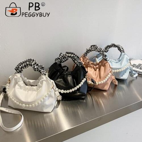 2021 Pleated Female Handbag Women Fashion Pleated PU Leather Pearl Chain Solid Color Shoulder Crossbody Bag Women