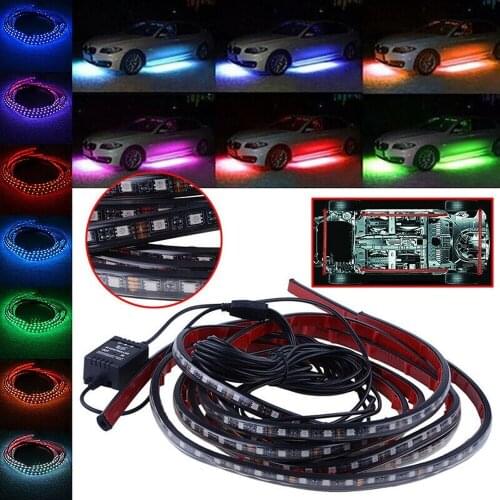 8 Colors 90+120cm Car Flexible RGB LED Underglow Light Strip Underbody Atmosphere Neon Auto Lamp Kit Sound Remote Control Decor