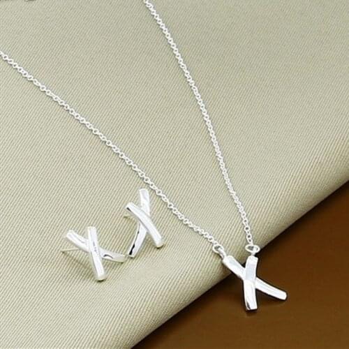 925 Sterling Silver Cross X Necklace Earring Set For Woman Wedding Engagement Party Fashion Charm Jewelry Gift