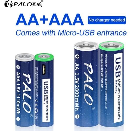 PALO 1.5V AA and AAA Rechargeable battery USB battery AA2800mWh /AAA1110mWh Rechargeable li-ion Lithium batteries aa aaa battery