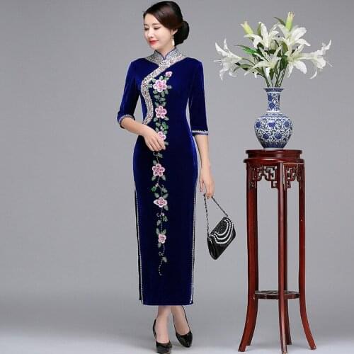 Noble Handmade Beads Women Chinese Beads Sequined Dress Mandarin Collar Qipao Elegant Half Sleeve Cheongsam Chinese Vestido
