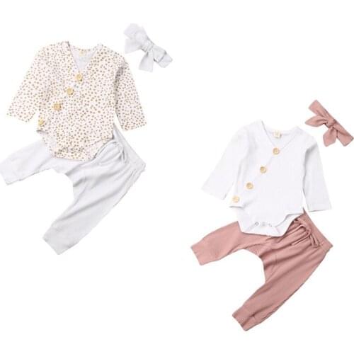 Fast Shipping 0-18M Baby Spring Autumn Clothing Toddler Baby Girls Flower Tops Ribbed Bodysuit Pants 3Pcs Sets