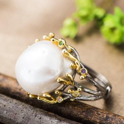 HOT! Pearl Ring Real 925 Sterling Silver color Exaggerated Creative Flower Natural Freshwater Pearl Rings For Women Fine Jewelry