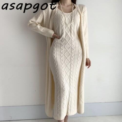 Fashion Winter Clothing Solid Thick V Neck Cardigan Sweater Knitted Bottom Sleeveless Spaghetti Strap Dress Elegant Temperament