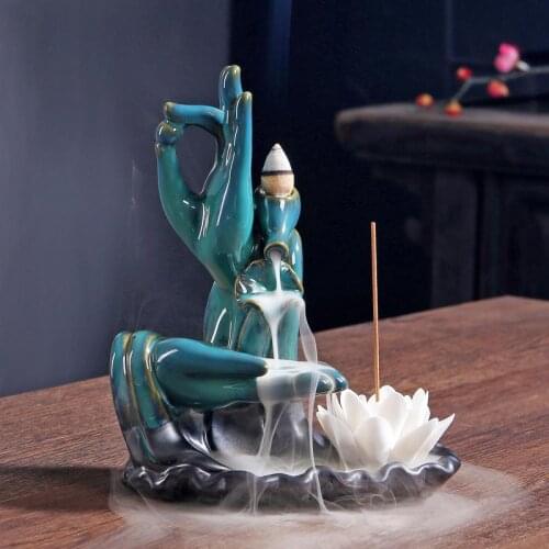 Ceramic Backflow Incense Burner Smoke Waterfall Tathagata Buddha Lotus Incense Cones Stick Holder Retro Temple Home Decor Censer