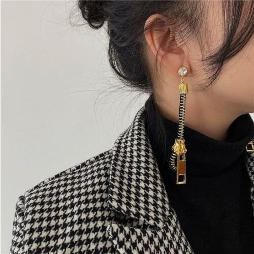 Korean Fashion Stud Earrings For Women2021 Zipper Pendant with Crystal Aros Aesthetic Ear Chain Accessories Luxury Charm Jewelry