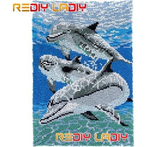 Latch Hook Rug Dolphin Family Plush Wall Tapestry DIY Carpet Rug Kits Thick Yarn Arts Cushion Crochet Floor Mat Home Decor Gifts