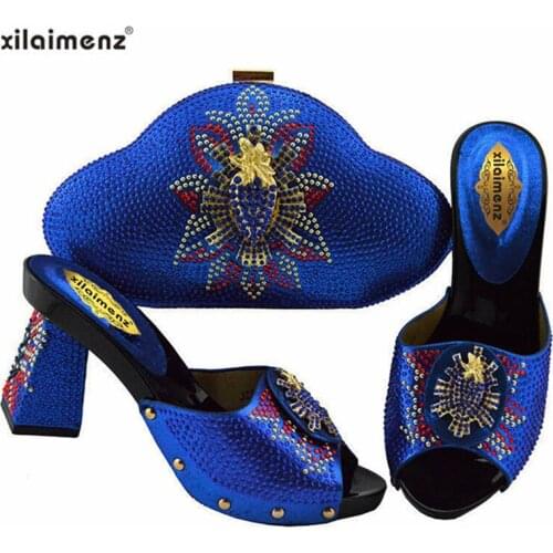 Hot Selling Nigerian Shoes and Bags To Match Shoes with Bag Set Decorated with Rhinestone Woman in Royal Blue for Party