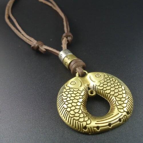 2015 New Arrival Fashion Head Layer Cowhide Double Fishs Pendant Vintage Fashion Necklaces for Women 2014 Men Jewelry