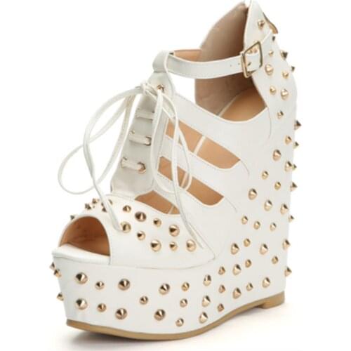 SHOFOO shoes,Fashion womens shoes, rivet decoration, about 4.5cm waterproof platform, 14.5cm wedges shoes, peep toe pumps
