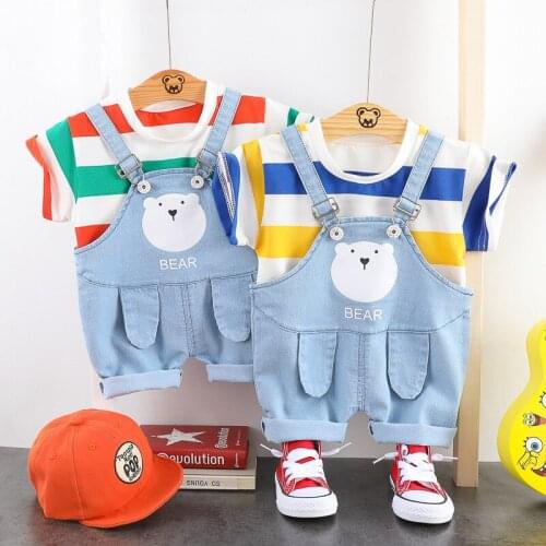 Baby boy clothes summer girl cartoon bear cute jeans overalls boy clothing casual striped short-sleeved baby two-piece suit
