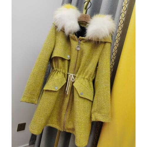 Real Lamb Fur Liner Tweed Wool Coat Parka With Natural Large Raccoon Fur Collar Women Hood Jacket Winter