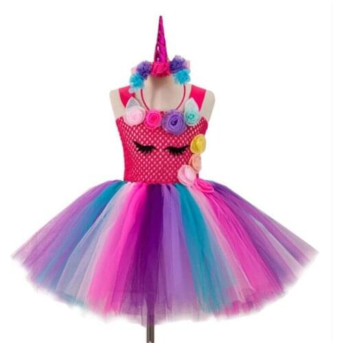 Sleeveless Girls Dress Princess Cartoon Unicorn Flower Net Gauze tutu Dresses for Baby Kids Wedding Party Performance Clothing