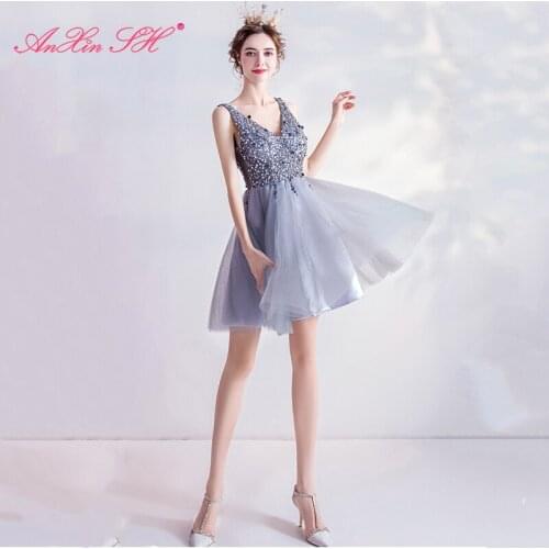 AXJFU luxury Brides Short grey lace Evening Dress Skirt for Gray Birthday Party and Annual Banquet v neck evening dress 188