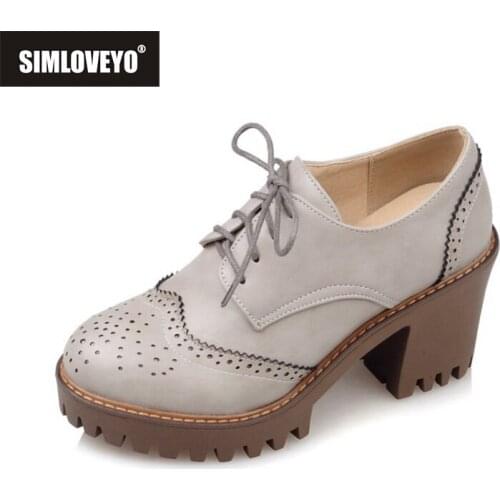 SIMLOVEYO Chunky Heels Causal Shoes Brogue Lace Up Pumps Vintage Block SquareMid Heels Carved Ladies Plus Size 43 Retro D579
