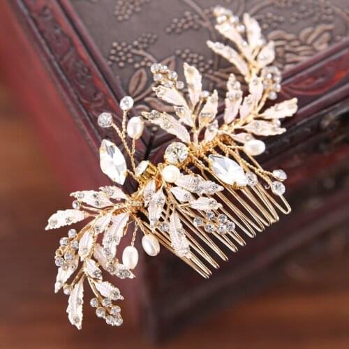 SLBRIDAL Gold Wired Rhinestones Crystal Pearls Flower Wedding Hair Comb Hair Pin Bridal Headpiece Hair accessories Hair Stickers
