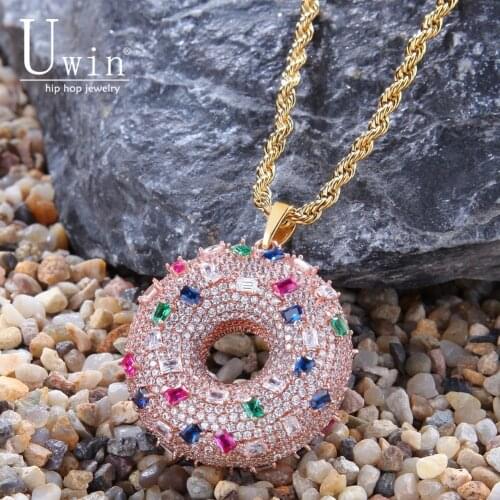UWIN Doughnut Pendant Sweet Pink Rainbow Cz colorful Full Iced Out Cubic Zirconia Hiphop Jewelry For Gift