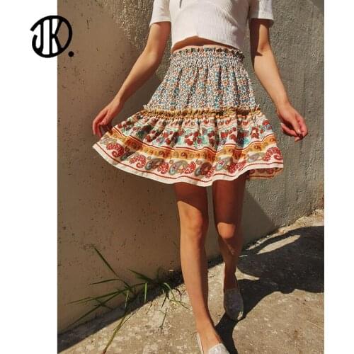Vintage Floral Printed Elastic Band Skirt Ladies Bohemian National Style Loose Short Skirts Large Size Female Ruffle Dresses XL