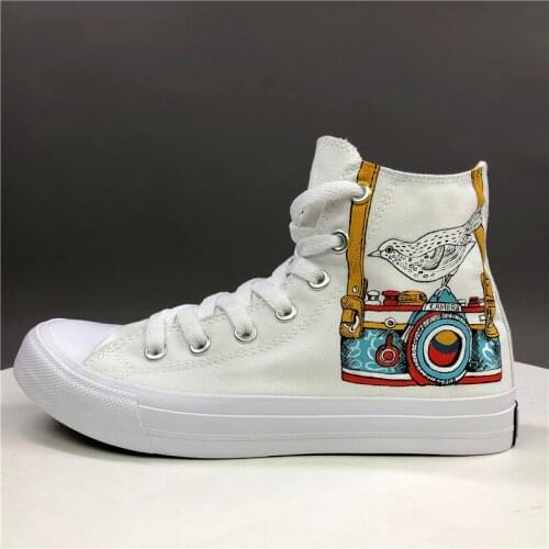 Wen Adult Unisex Sneakers Hand Painted White Shoes Design Colorful Digital SLR Camera Little Bird High Top Canvas Athletic Shoes