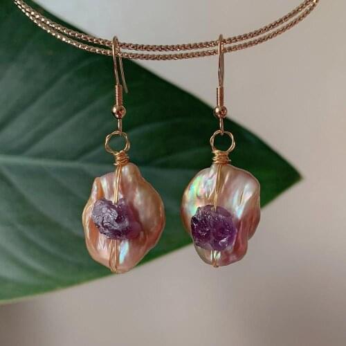 Raw Rock Small Crystal Amethysts Drop Earrings Big Irregular Baroque Pearls Natural Freshwater Pearl Dangles for Women Female