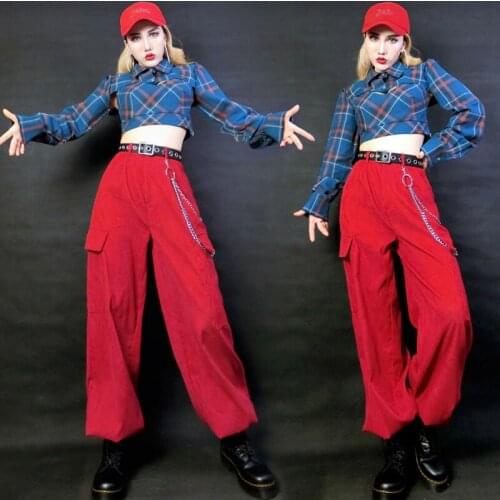 Female Student Jazz Dance Hip-Hop Street Dance Costumes Performance Rave Clothes Red Loose Casual Pants Suit Stage Wear SL4545