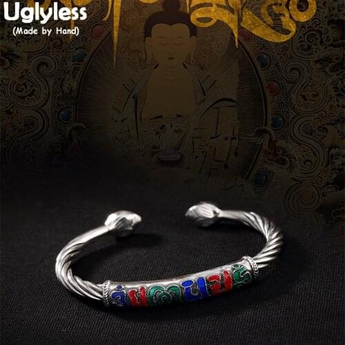 Uglyless S 990 Fine Silver Jewelry Vintage Cloisonne Enamel Sanskrit Bangles Women Buddhism Mantra Bangle Lotus Twisted Bijoux