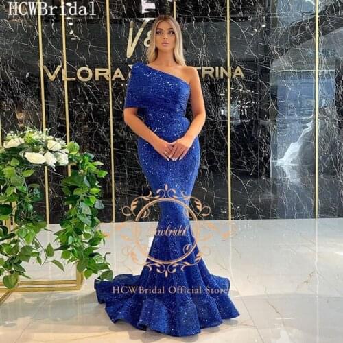Sparkly Royal Blue One Shoulder Mermaid Formal Evening Dress Sweep Train Shiny Sequins Long Party Occasion Women Gowns Plus Size