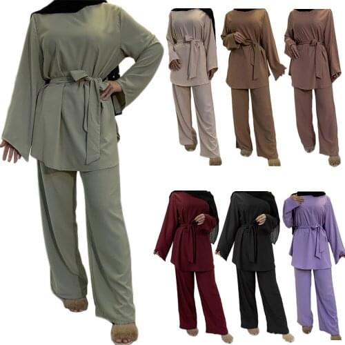 Two-pieces Abaya Turkish Kimono Tops Pants Muslim Dress Abayas Hijab Robe Dubai Caftan Kaftan Islam Clothing For Women Fashion