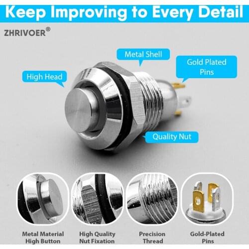 1pcs 10mm with LED 3v5v12v24v220v Indicator Self-reset Momentary Self-locking Latching Metal Push Button Switch 4pins High Head