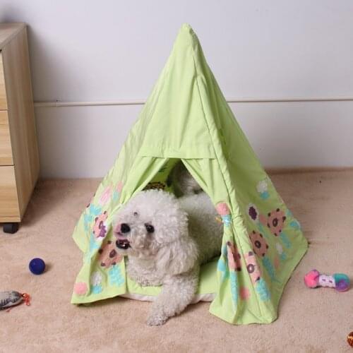 1pc DIY Wood Frame Cartoon Embroidered Tent Pet Sleeping Bed Mat Home Puppy Dog Cat Cage Rabbit Kitty Tent Play House Toy Gift