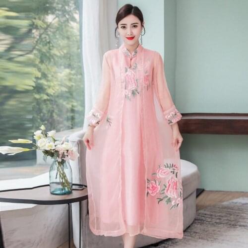 2021 Summer New Chinese Style Retro Embroidery Cheongsam Dress + Cardigan Two Piece Dress Suit Fashion Qipao Tops Outfits zh934