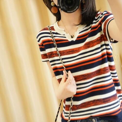 2021 new sweater bottoming shirt cotton and linen color striped v-neck half sleeve spring and summer