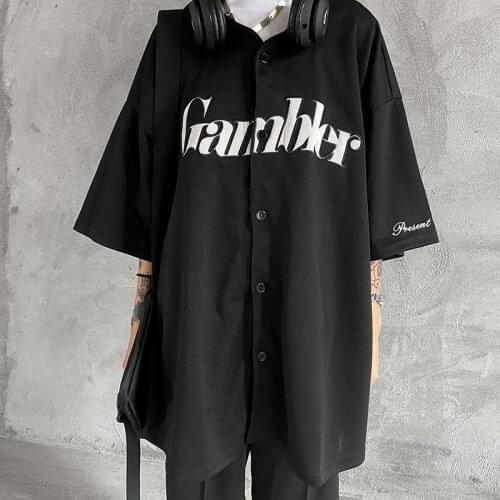 HOUZHOU Black Baseball Shirts Women and Men Harajuku Hip Hop Streetwear Gothic Oversize Short Sleeve Korean Style Blouse Couple