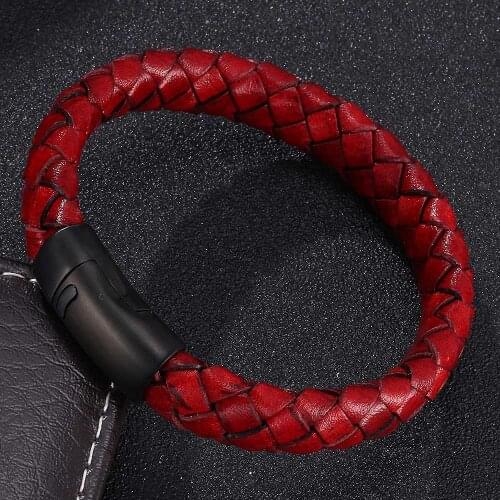 Vintage Red Braided Leather Bracelet Men Jewelry Black Magnetic Buckle Rope Bangle Punk Male Wrist Band Gifts Pulsera Hombre