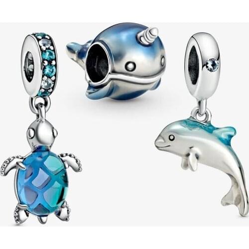 100% 925 Sterling Silver Sea Animal Charm Pack Narwhal Turtle Dolphin Beads for Jewelry Making Fits Original Charms Bracelet