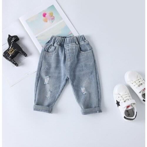 Kids Jeans Fashion Korean Ripped Denim Pants for Girls Toddler Boys Trousers Spring Autumn Casual Elastic Waist Baby Harem Pants