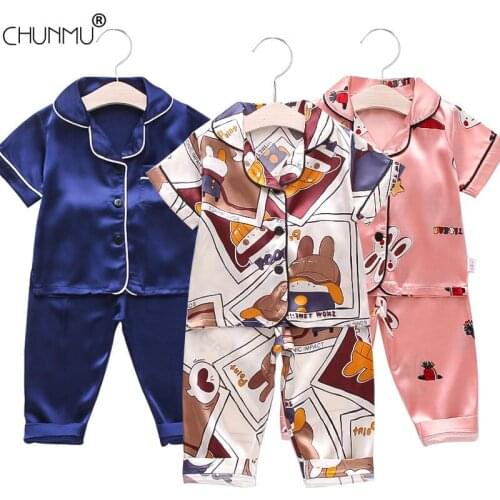 Childrens Kids Pajamas Ice Silk Satin Tops Pant Summer Casual Sleepwear Nightwear Girl Boy Pajama Sets for 1-4 Years