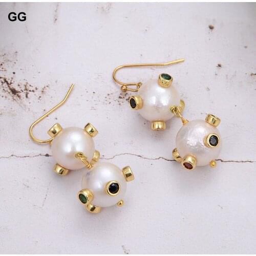GuaiGuai Jewelry 12mm Natural Cultured White Keshi Pearl Cz Pave Gold Plated Hook Earrings