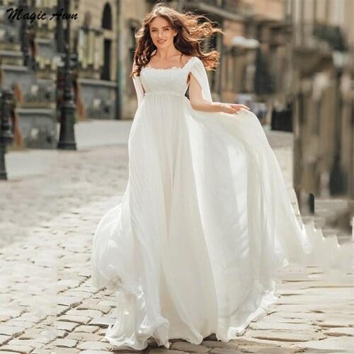 Magic Awn Graceful Chiffon Wedding Dresses Boho Long Sleeves Lace Appliques Beach A-Line Bridal Gowns 2021 Abito Da Sposa