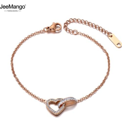 JeeMango New Stainless Steel Love Heart CZ Crystal Charm Bracelets For Women Girls Bohemia Chain & Link Bracelet Jewelry JB19143