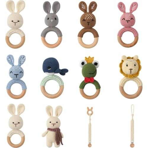 Baby Pacifier Rattle Wooden Dophin Hand Grip Shaking Toys Safe Braided Teething Ring for Baby Boys Girls Baby Shower