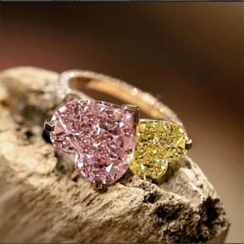 Trendy Pink Yellow Two Heart love Crystal Zircon Rhinestone Alloy Female Ring For Women Wedding Jewelry Accessories